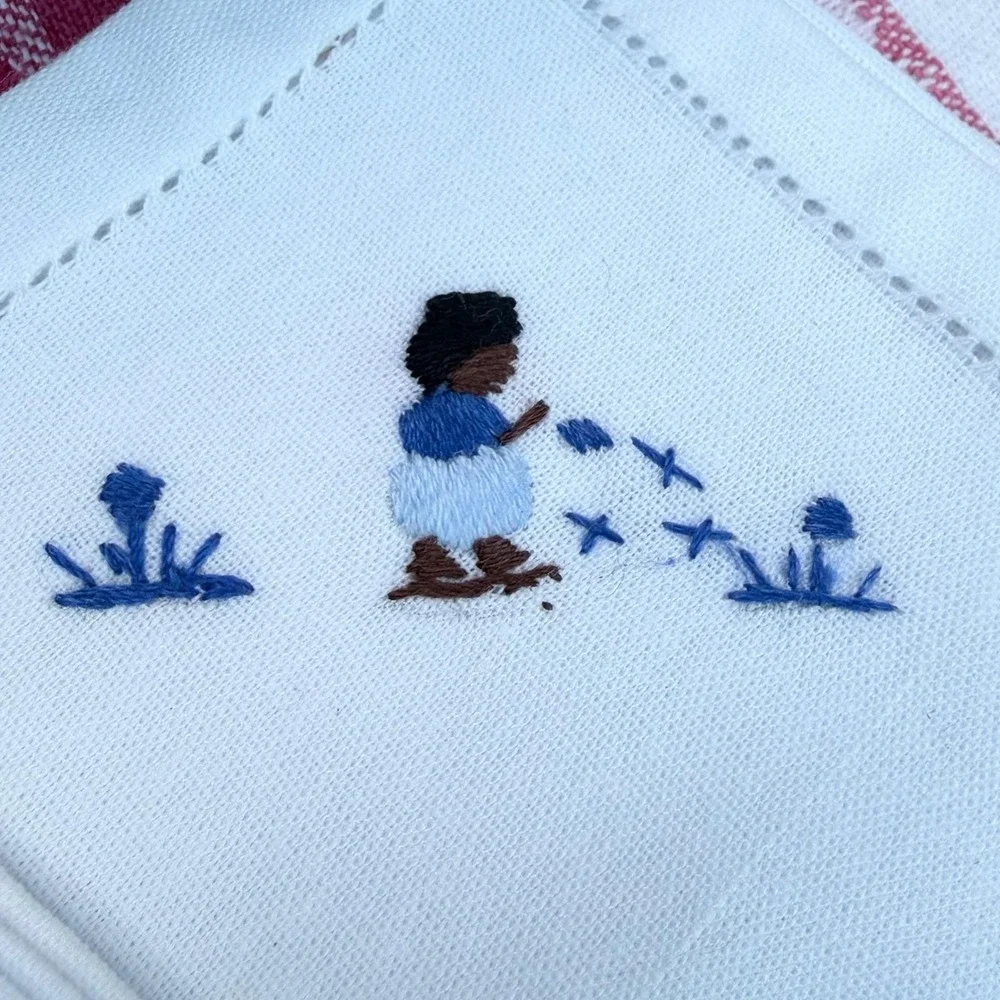 Vintage Hand-Embroidered Linen‎ Napkins – Whimsical Folk Art Figures – Set of 4